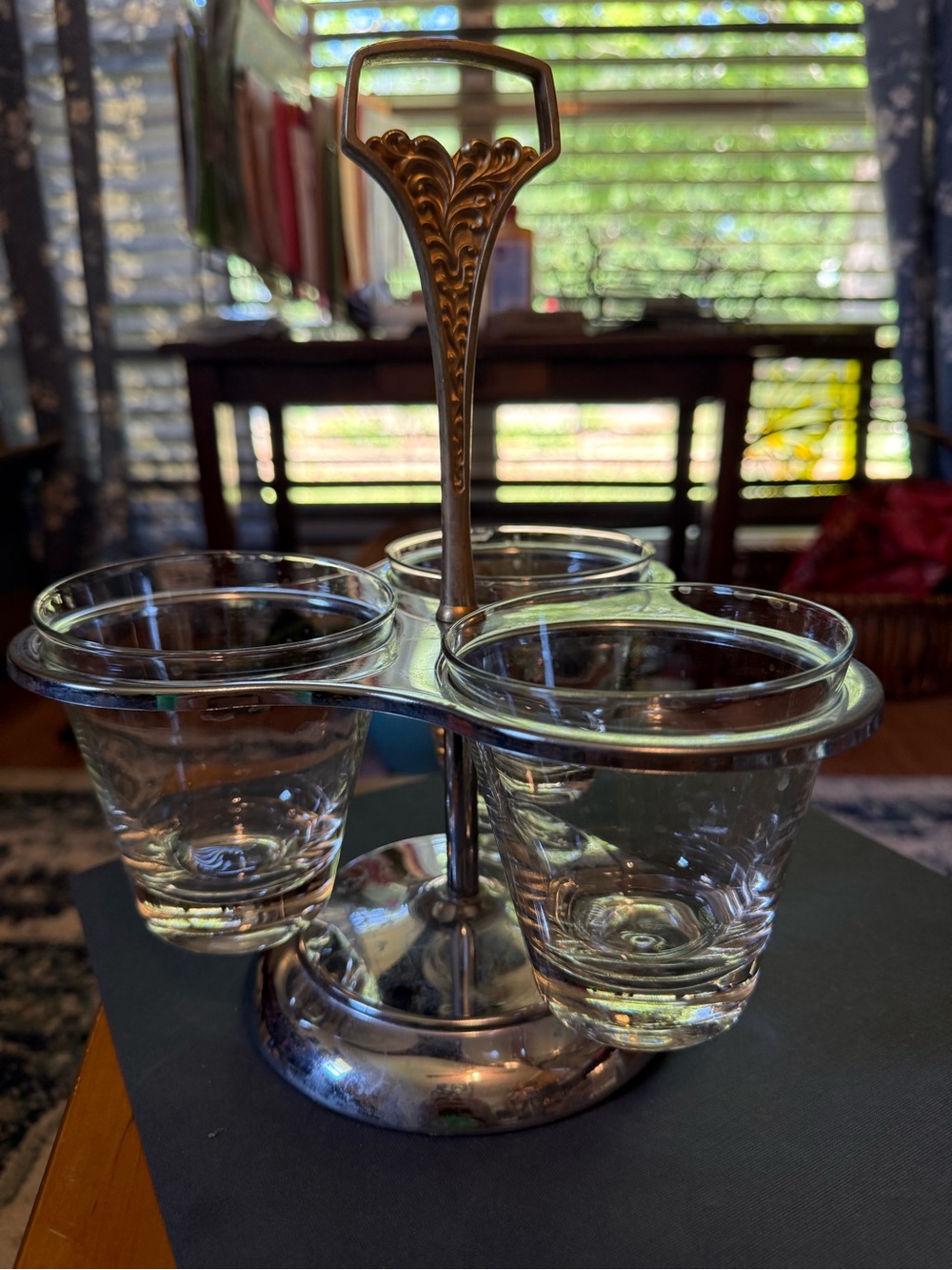Vintage - MCM Kromex Glass Condiment Server - Gold Handle - chrome Stand